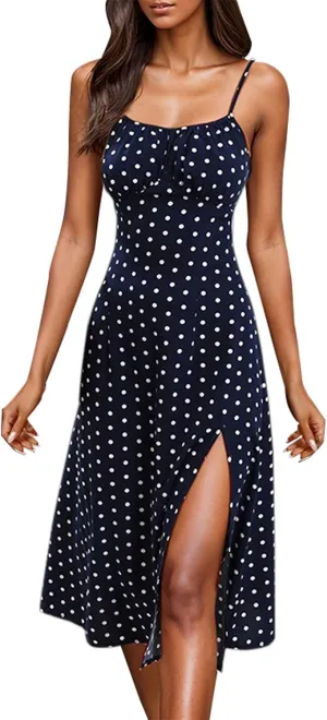 Polka Dot Dress for Women Spaghetti Strap Summer Midi Dresses Sexy Slim Fit Side Slit A Line Beach Vacation Sundress