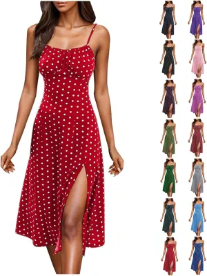 Polka Dot Dress for Women Spaghetti Strap Summer Midi Dresses Sexy Slim Fit Side Slit A Line Beach Vacation Sundress