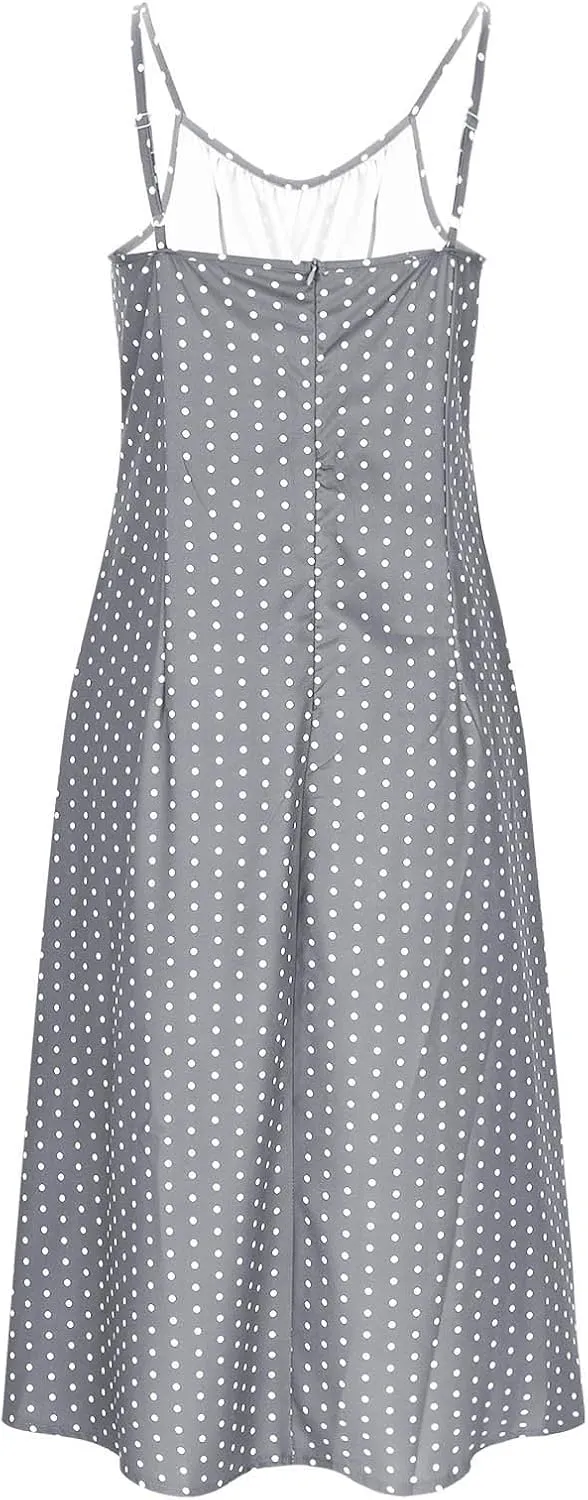 Polka Dot Dress for Women Spaghetti Strap Summer Midi Dresses Sexy Slim Fit Side Slit A Line Beach Vacation Sundress