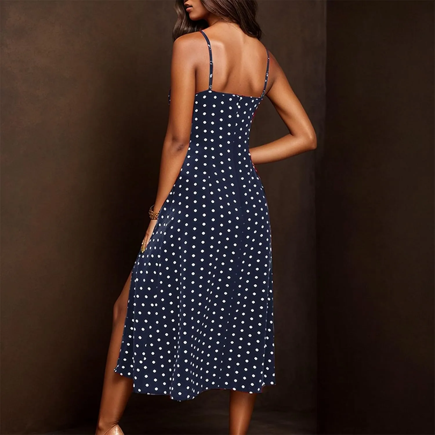 Polka Dot Dress for Women Spaghetti Strap Summer Midi Dresses Sexy Slim Fit Side Slit A Line Beach Vacation Sundress