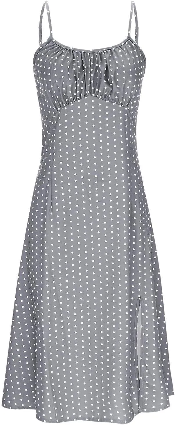 Polka Dot Dress for Women Spaghetti Strap Summer Midi Dresses Sexy Slim Fit Side Slit A Line Beach Vacation Sundress