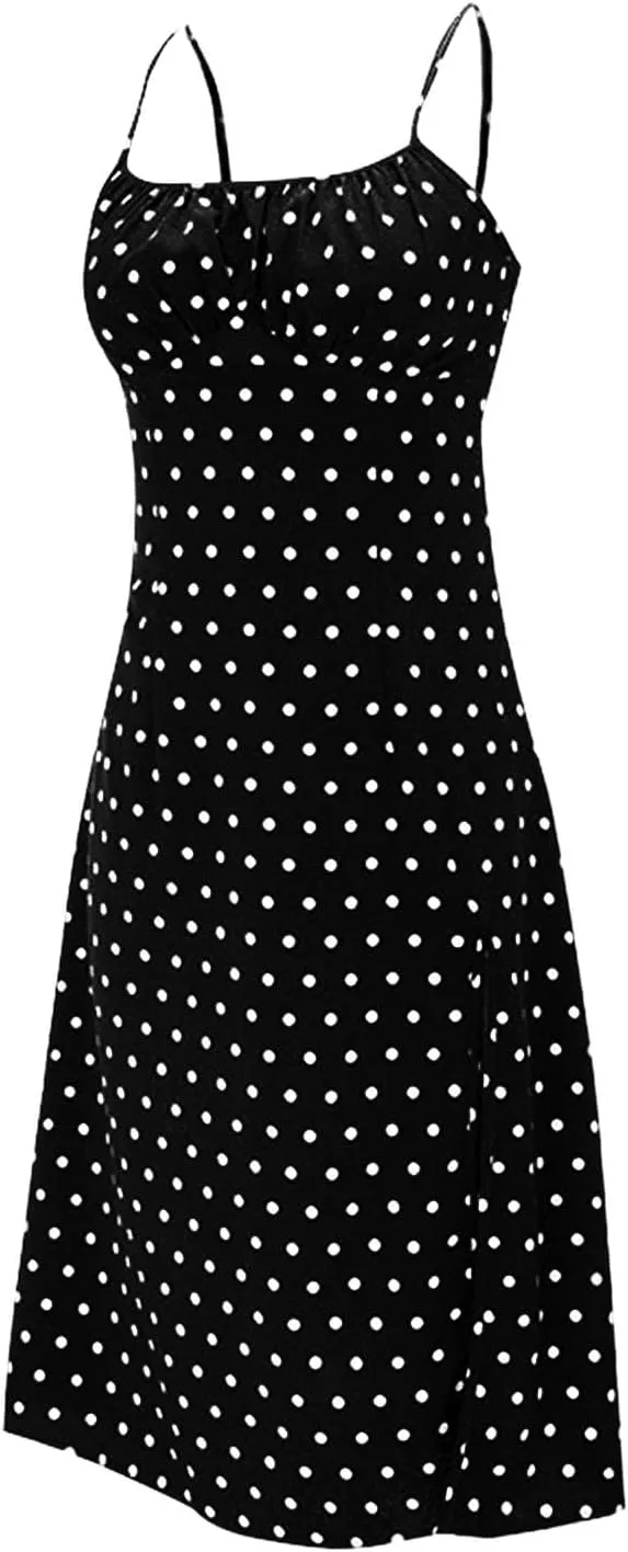 Polka Dot Sundresses Spaghetti Strap Summer Dresses Slim Fit Side Slit Sexy A Line Beach Midi Dress