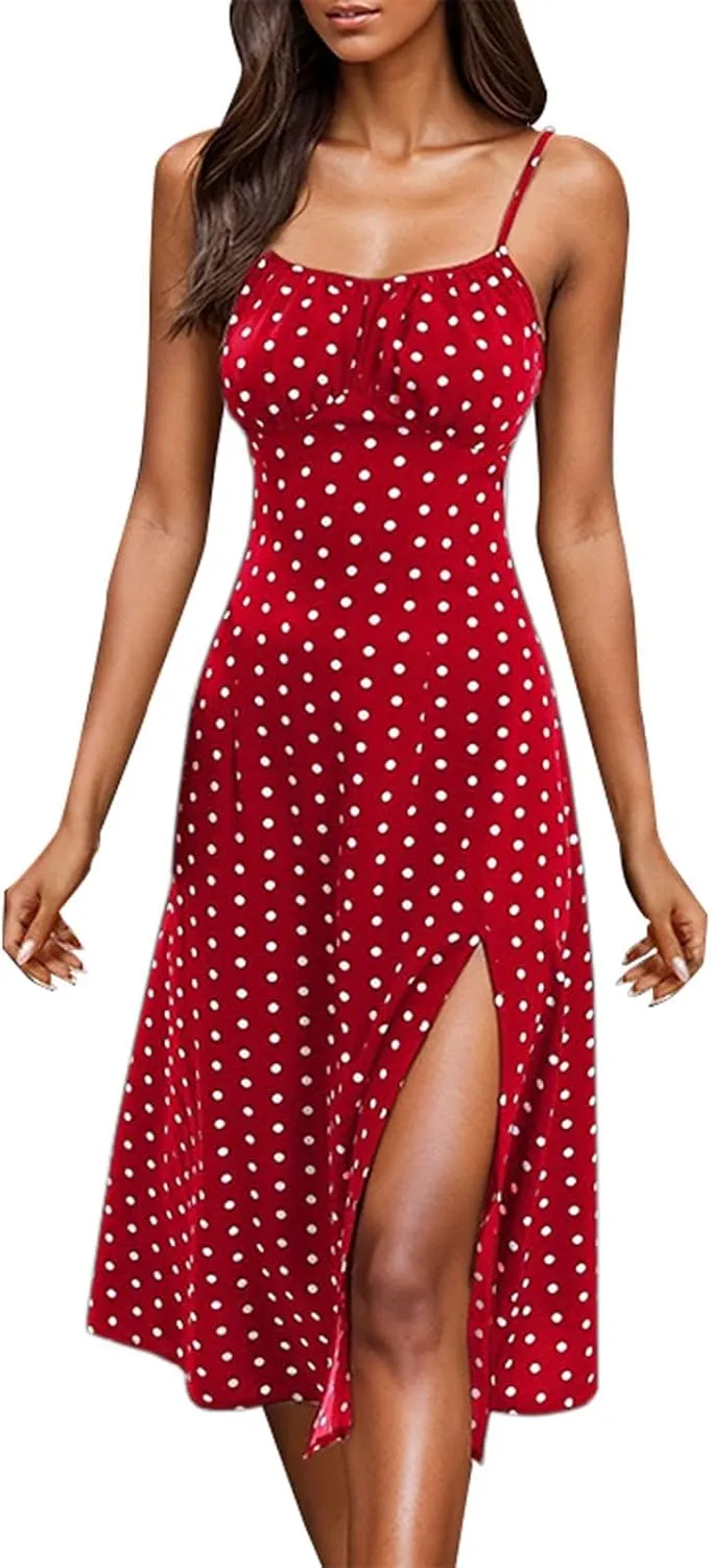 Polka Dot Sundresses Spaghetti Strap Summer Dresses Slim Fit Side Slit Sexy A Line Beach Midi Dress