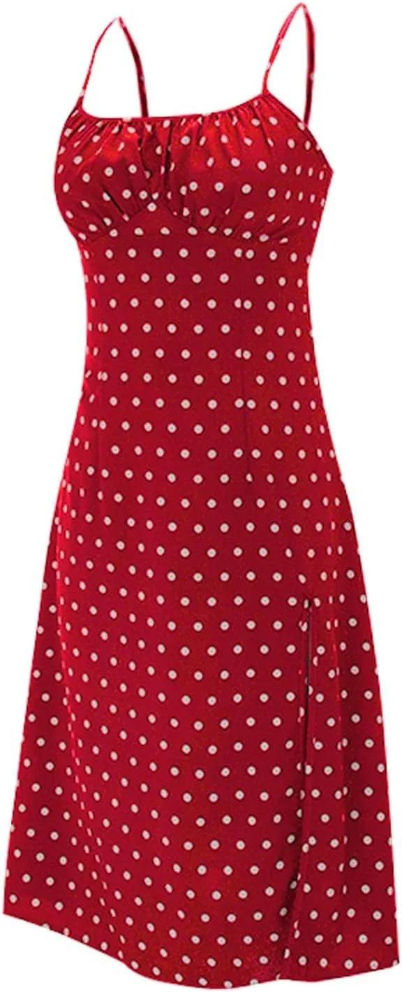 Polka Dot Sundresses Spaghetti Strap Summer Dresses Slim Fit Side Slit Sexy A Line Beach Midi Dress