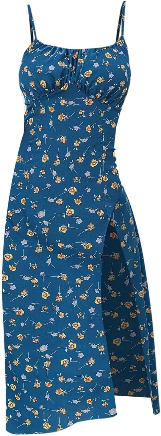 Polka Dot Sundresses Spaghetti Strap Summer Dresses Slim Fit Side Slit Sexy A Line Beach Midi Dress