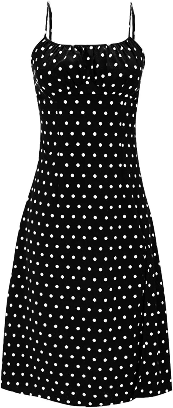 Polka Dot Sundresses Spaghetti Strap Summer Dresses Slim Fit Side Slit Sexy A Line Beach Midi Dress