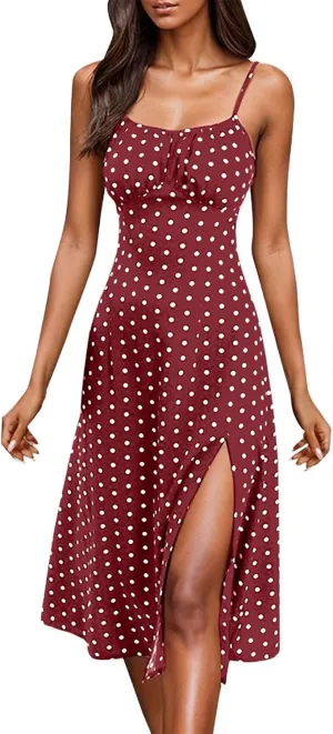 Polka Dot Sundresses Spaghetti Strap Summer Dresses Slim Fit Side Slit Sexy A Line Beach Midi Dress