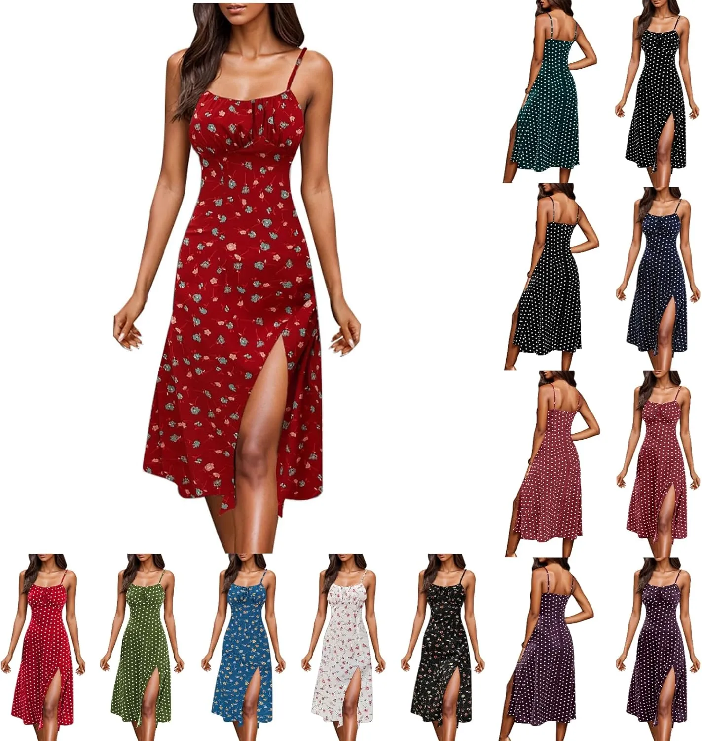 Polka Dot Sundresses Spaghetti Strap Summer Dresses Slim Fit Side Slit Sexy A Line Beach Midi Dress