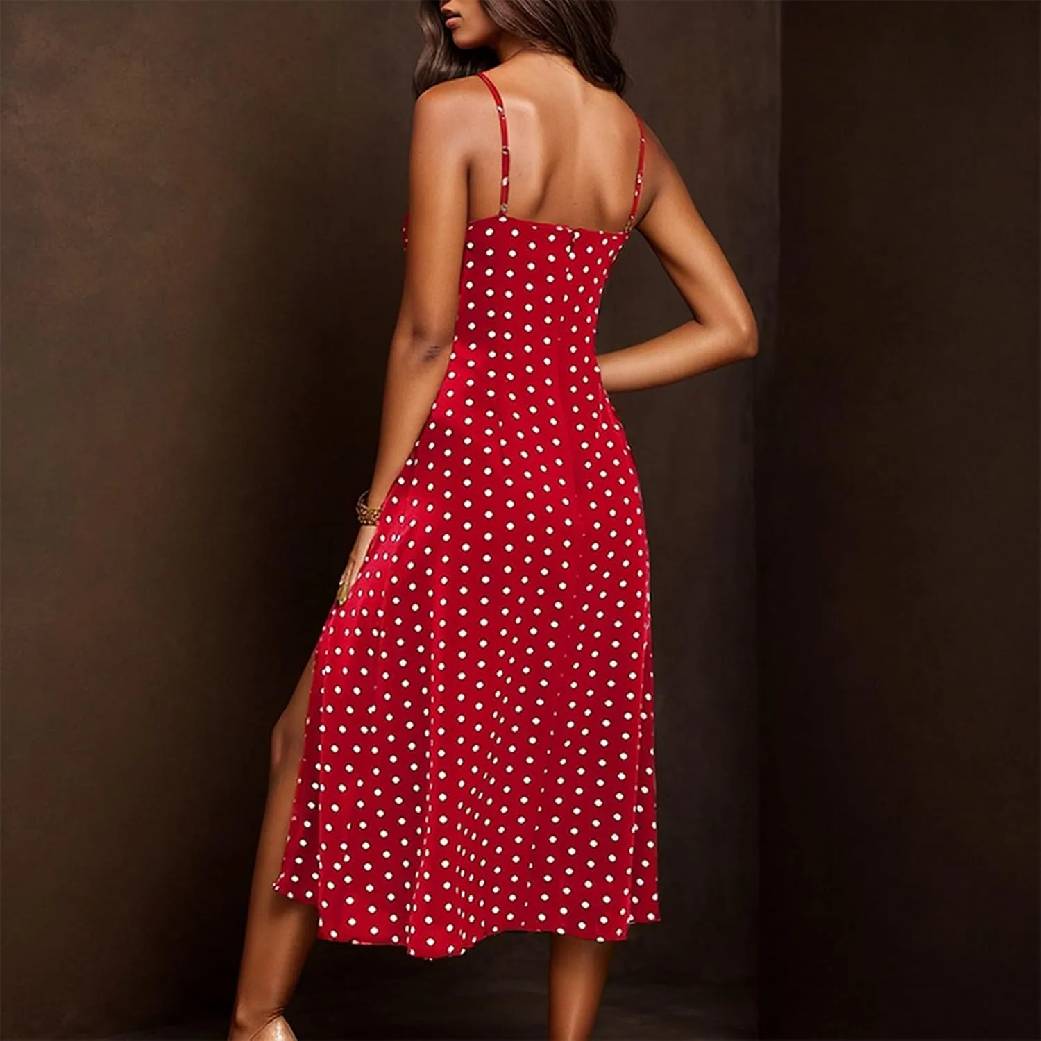 Polka Dot Sundresses Spaghetti Strap Summer Dresses Slim Fit Side Slit Sexy A Line Beach Midi Dress