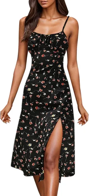 Polka Dot Sundresses Spaghetti Strap Summer Dresses Slim Fit Side Slit Sexy A Line Beach Midi Dress