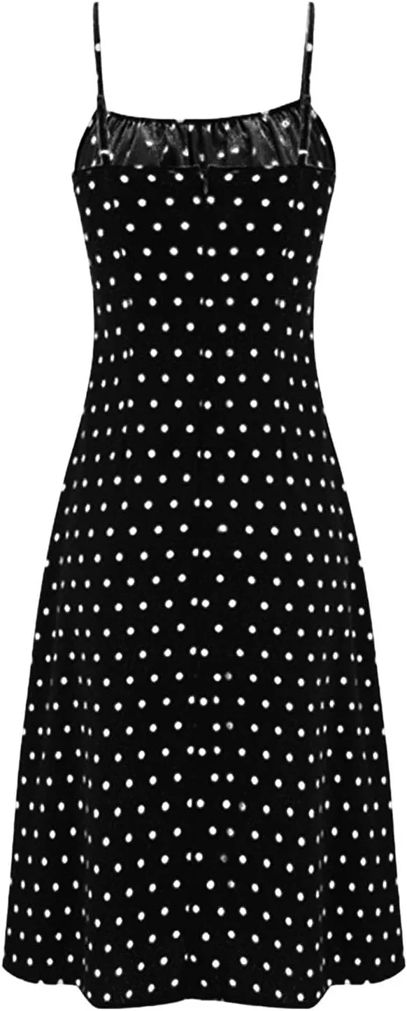 Polka Dot Sundresses Spaghetti Strap Summer Dresses Slim Fit Side Slit Sexy A Line Beach Midi Dress