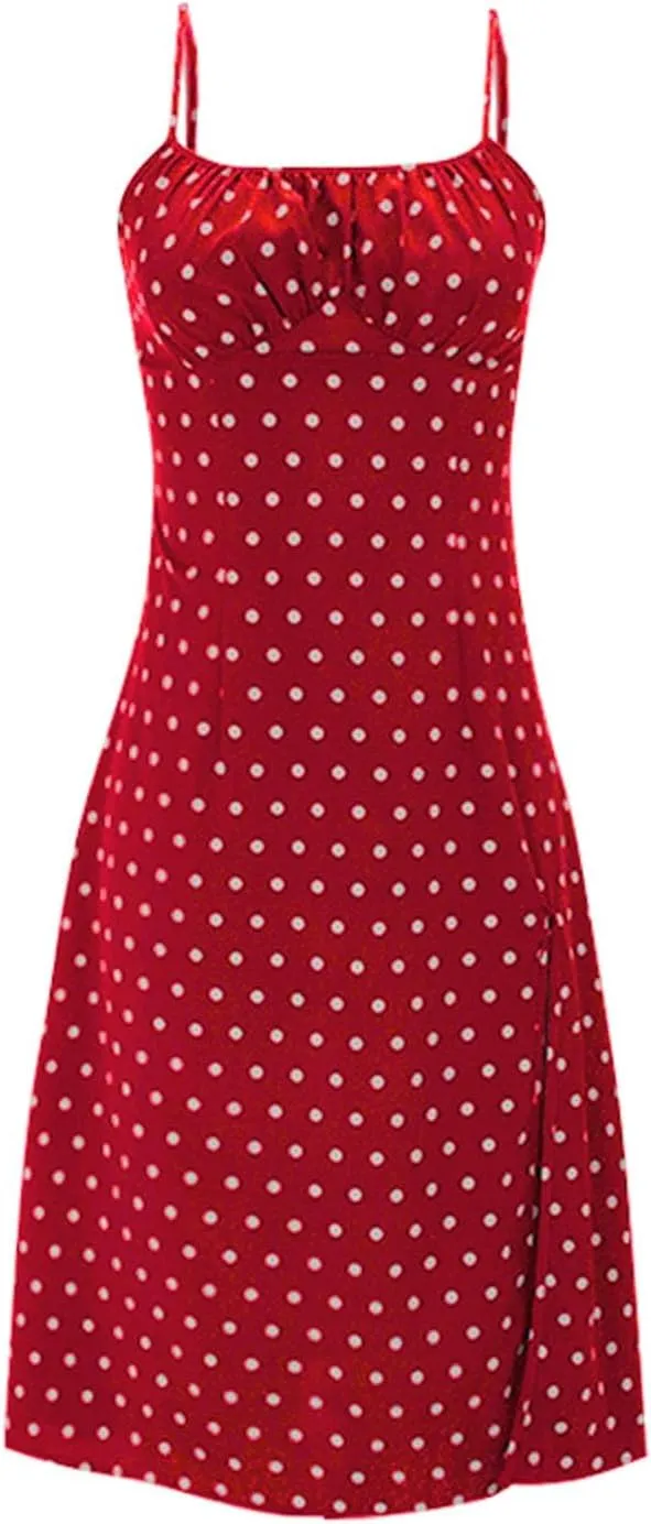 Polka Dot Sundresses Spaghetti Strap Summer Dresses Slim Fit Side Slit Sexy A Line Beach Midi Dress