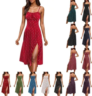 Polka Dot Sundresses Spaghetti Strap Summer Dresses Slim Fit Side Slit Sexy A Line Beach Midi Dress