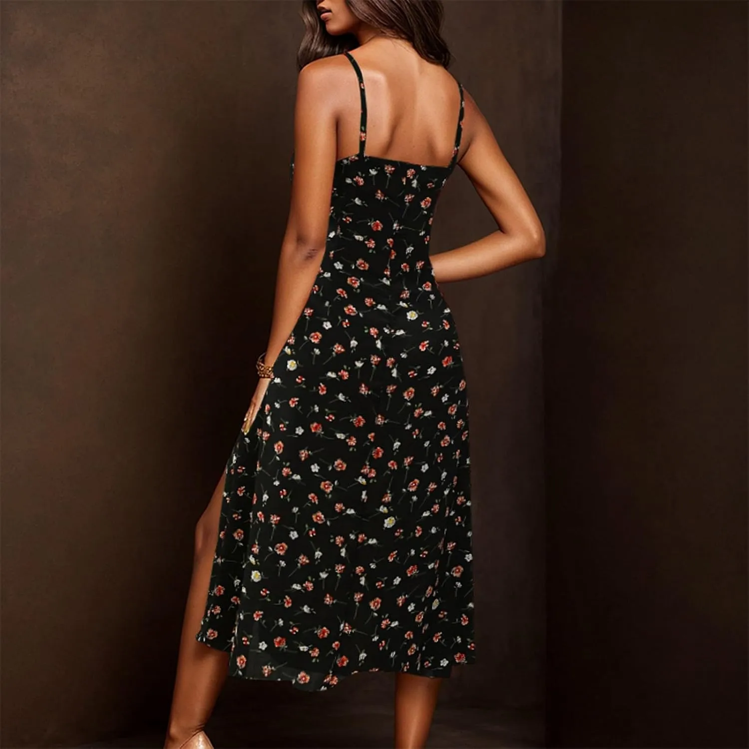Polka Dot Sundresses Spaghetti Strap Summer Dresses Slim Fit Side Slit Sexy A Line Beach Midi Dress