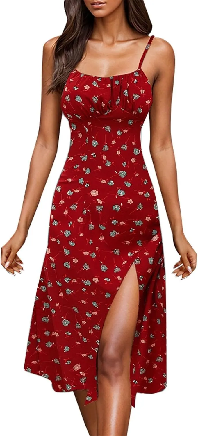 Polka Dot Sundresses Spaghetti Strap Summer Dresses Slim Fit Side Slit Sexy A Line Beach Midi Dress