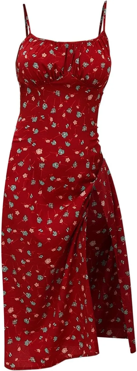 Polka Dot Sundresses Spaghetti Strap Summer Dresses Slim Fit Side Slit Sexy A Line Beach Midi Dress