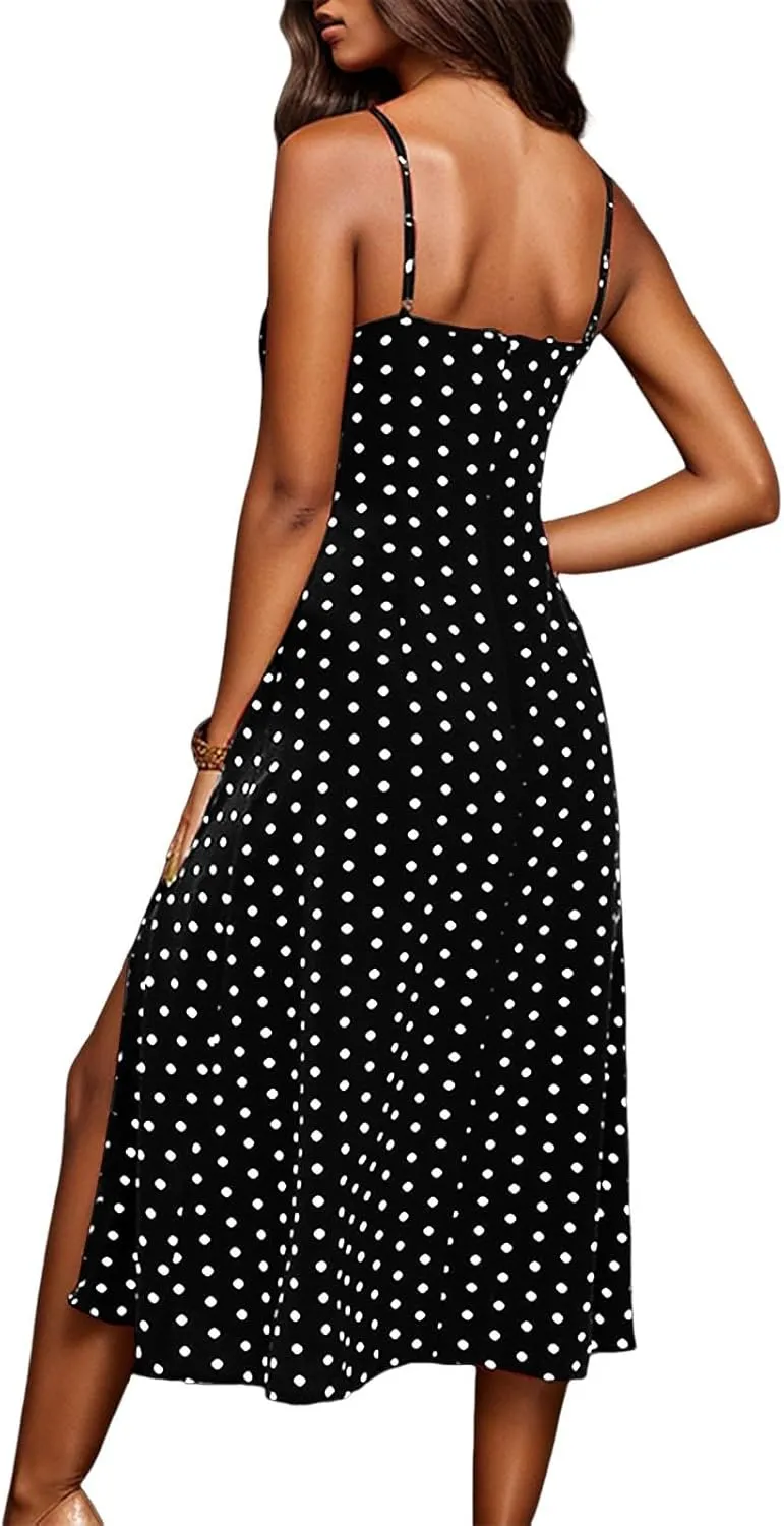 Polka Dot Sundresses Spaghetti Strap Summer Dresses Slim Fit Side Slit Sexy A Line Beach Midi Dress