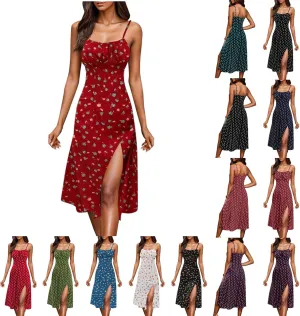 Polka Dot Sundresses Spaghetti Strap Summer Dresses Slim Fit Side Slit Sexy A Line Beach Midi Dress