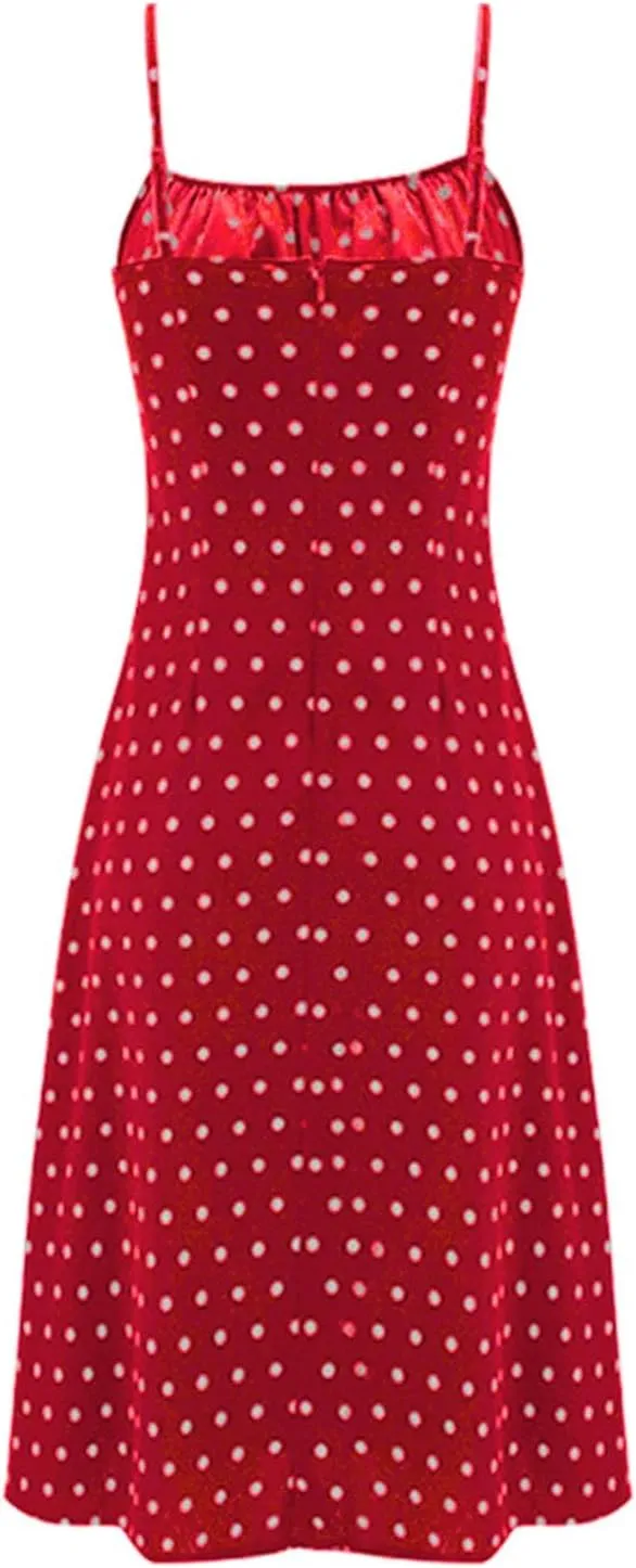 Polka Dot Sundresses Spaghetti Strap Summer Dresses Slim Fit Side Slit Sexy A Line Beach Midi Dress