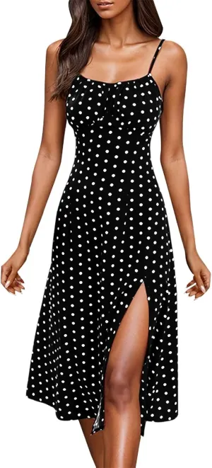 Polka Dot Sundresses Spaghetti Strap Summer Dresses Slim Fit Side Slit Sexy A Line Beach Midi Dress