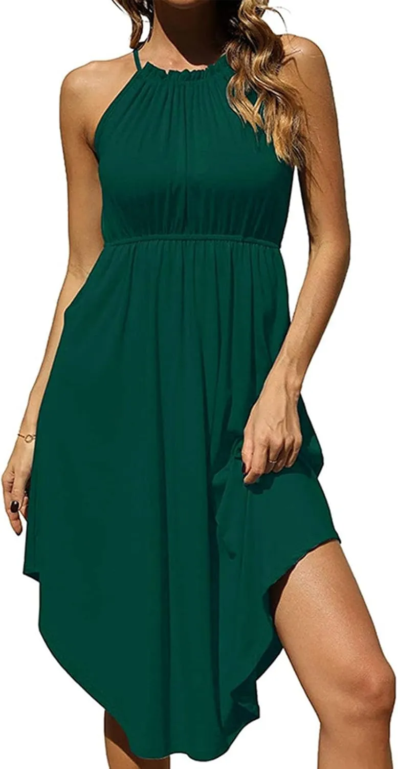Qeaghou Women's Summer Sundress Sexy Sleeveless Halter Neck Boho Dress Cute Polka Dot High Side Ruffle Midi Dresses 2024