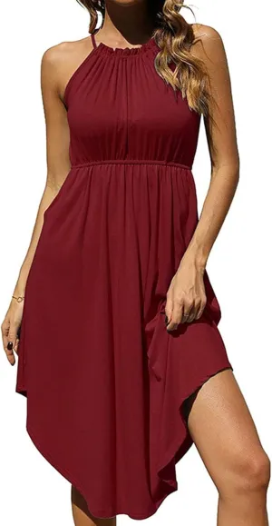 Qeaghou Women's Summer Sundress Sexy Sleeveless Halter Neck Boho Dress Cute Polka Dot High Side Ruffle Midi Dresses 2024