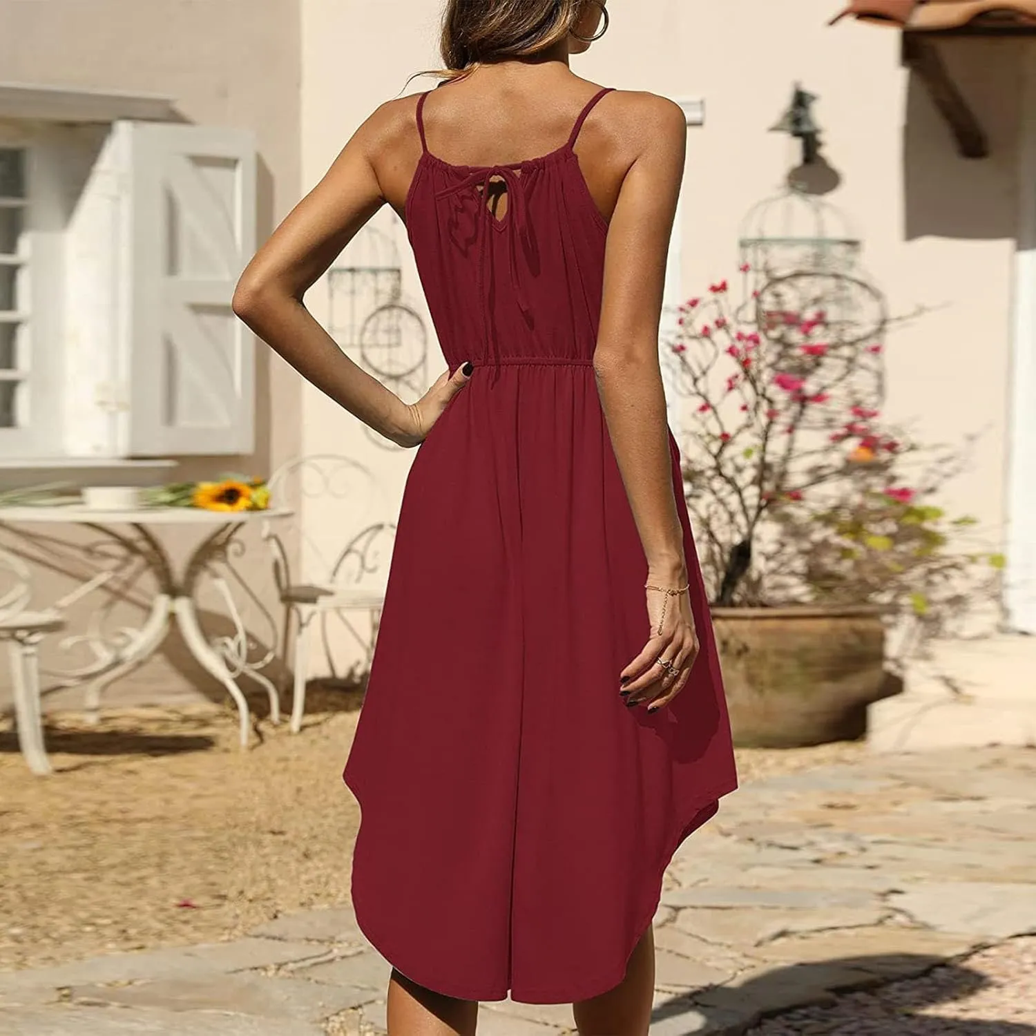 Qeaghou Women's Summer Sundress Sexy Sleeveless Halter Neck Boho Dress Cute Polka Dot High Side Ruffle Midi Dresses 2024