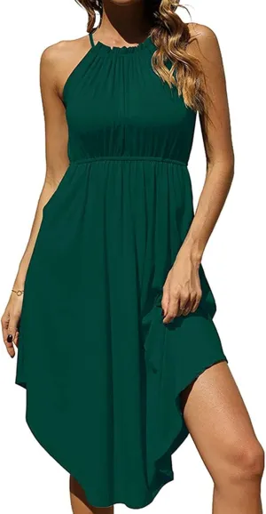 Qeaghou Women's Summer Sundress Sexy Sleeveless Halter Neck Boho Dress Cute Polka Dot High Side Ruffle Midi Dresses 2024