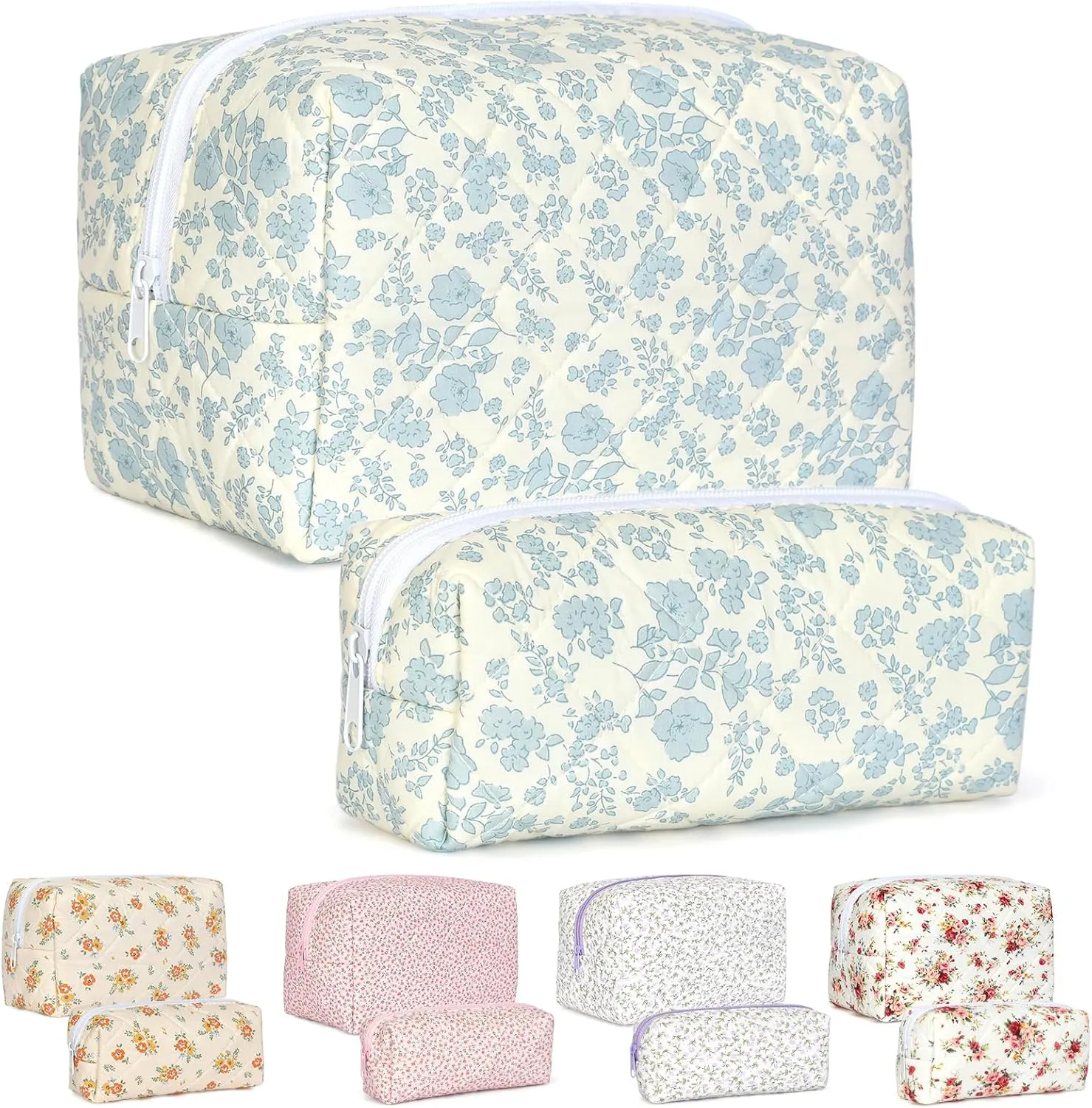 Quilted Makeup Bag Set,Large Floral Cosmetic Pouch For Women,Cute Cotton Brushes Storage Travel Toiletry Organizer Bags(Blue Plum Blossom)