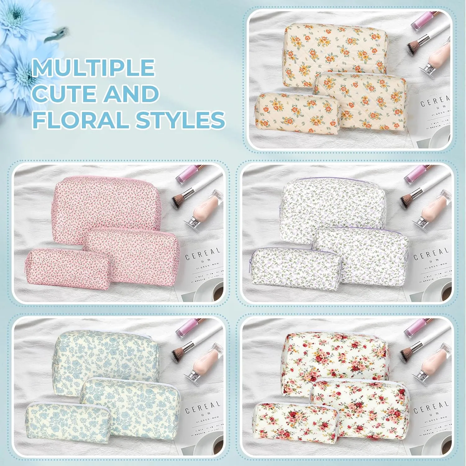 Quilted Makeup Bag Set,Large Floral Cosmetic Pouch For Women,Cute Cotton Brushes Storage Travel Toiletry Organizer Bags(Blue Plum Blossom)