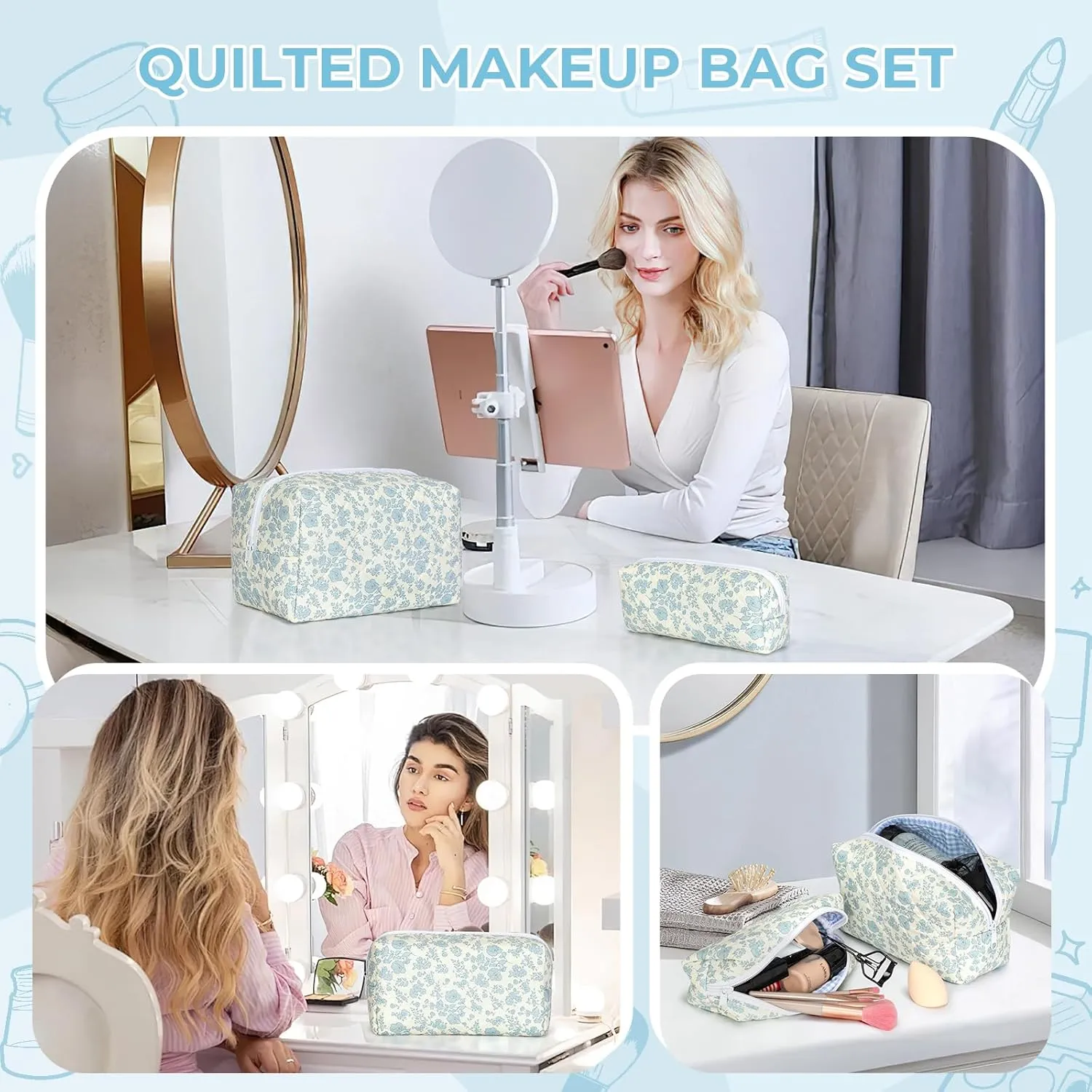 Quilted Makeup Bag Set,Large Floral Cosmetic Pouch For Women,Cute Cotton Brushes Storage Travel Toiletry Organizer Bags(Blue Plum Blossom)