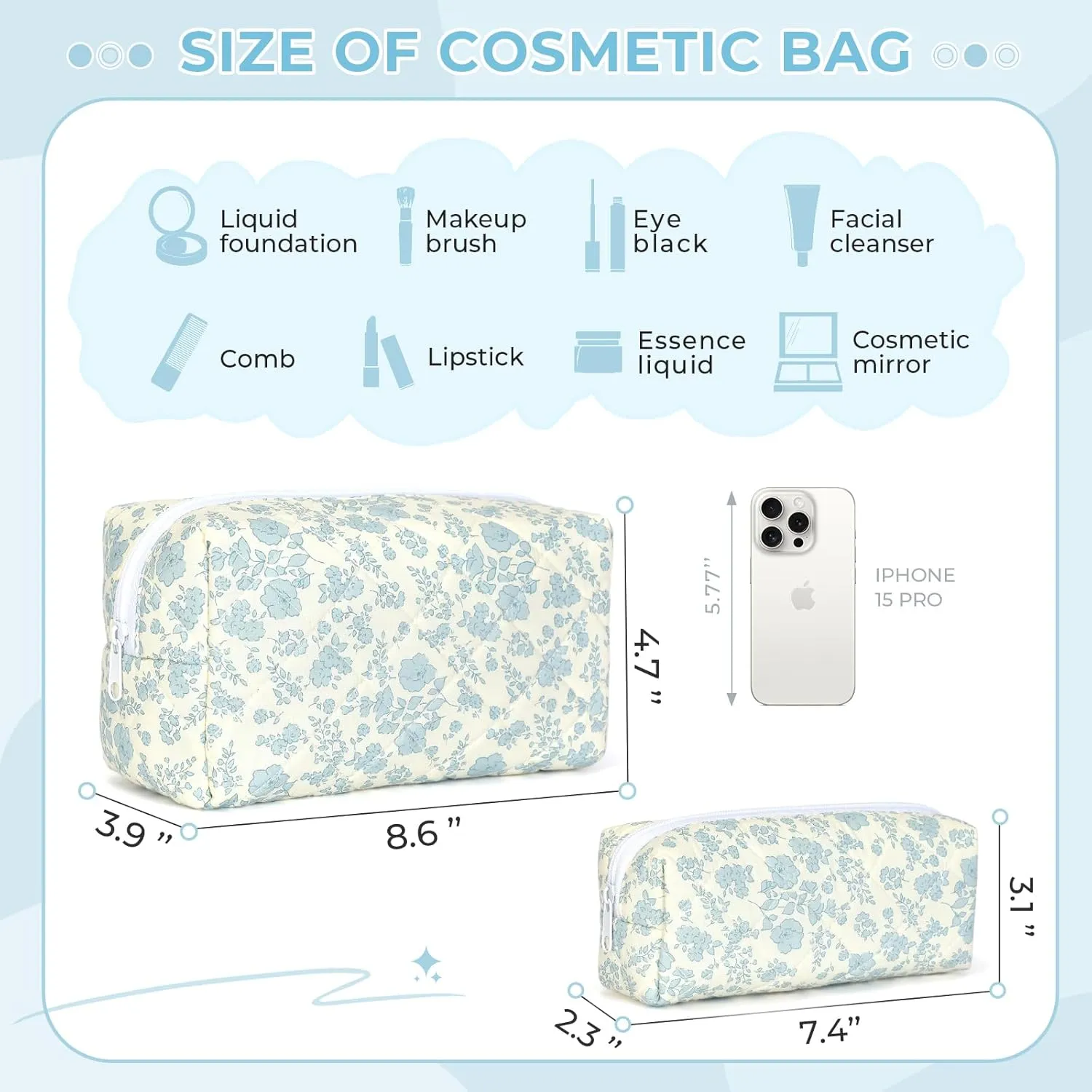Quilted Makeup Bag Set,Large Floral Cosmetic Pouch For Women,Cute Cotton Brushes Storage Travel Toiletry Organizer Bags(Blue Plum Blossom)
