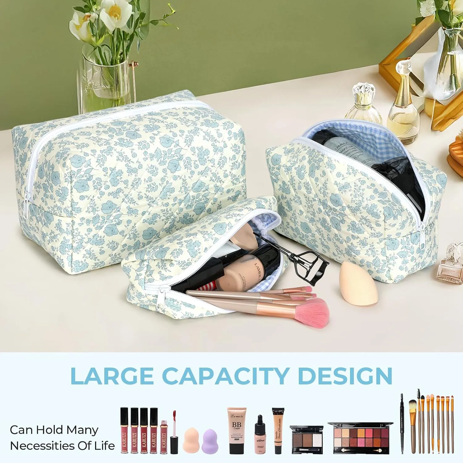 Quilted Makeup Bag Set,Large Floral Cosmetic Pouch For Women,Cute Cotton Brushes Storage Travel Toiletry Organizer Bags(Blue Plum Blossom)