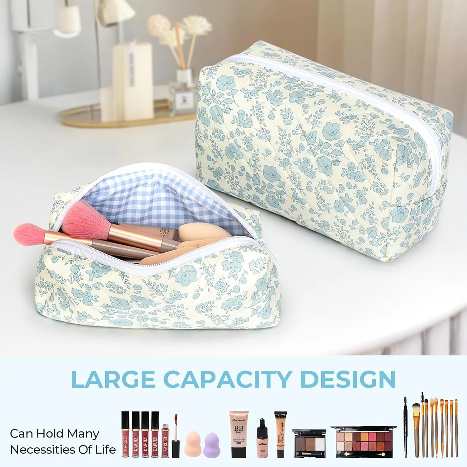 Quilted Makeup Bag Set,Large Floral Cosmetic Pouch For Women,Cute Cotton Brushes Storage Travel Toiletry Organizer Bags(Blue Plum Blossom)