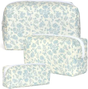 Quilted Makeup Bag Set,Large Floral Cosmetic Pouch For Women,Cute Cotton Brushes Storage Travel Toiletry Organizer Bags(Blue Plum Blossom)