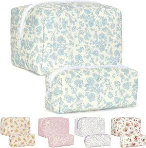 Quilted Makeup Bag Set,Large Floral Cosmetic Pouch For Women,Cute Cotton Brushes Storage Travel Toiletry Organizer Bags(Blue Plum Blossom)