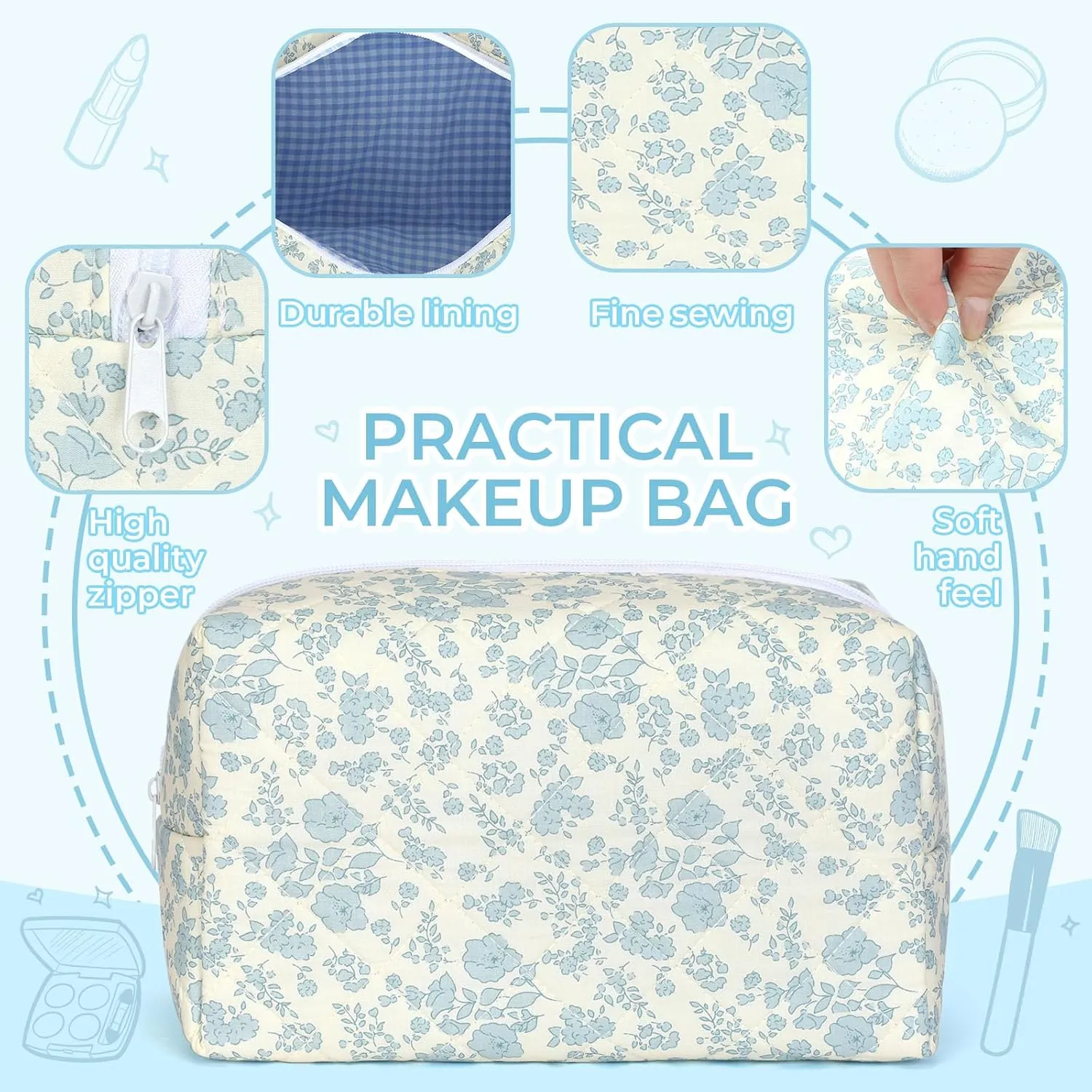 Quilted Makeup Bag Set,Large Floral Cosmetic Pouch For Women,Cute Cotton Brushes Storage Travel Toiletry Organizer Bags(Blue Plum Blossom)