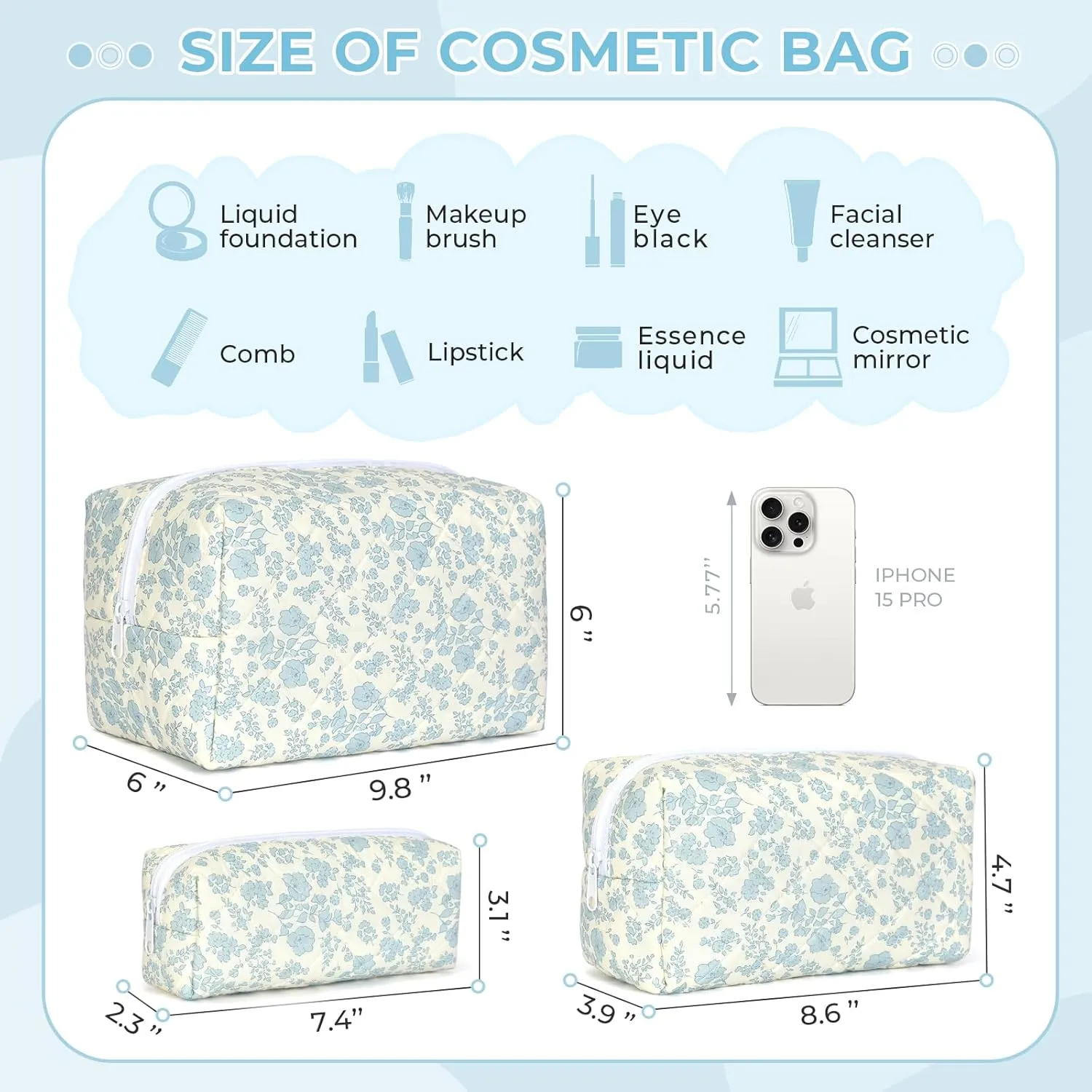 Quilted Makeup Bag Set,Large Floral Cosmetic Pouch For Women,Cute Cotton Brushes Storage Travel Toiletry Organizer Bags(Blue Plum Blossom)