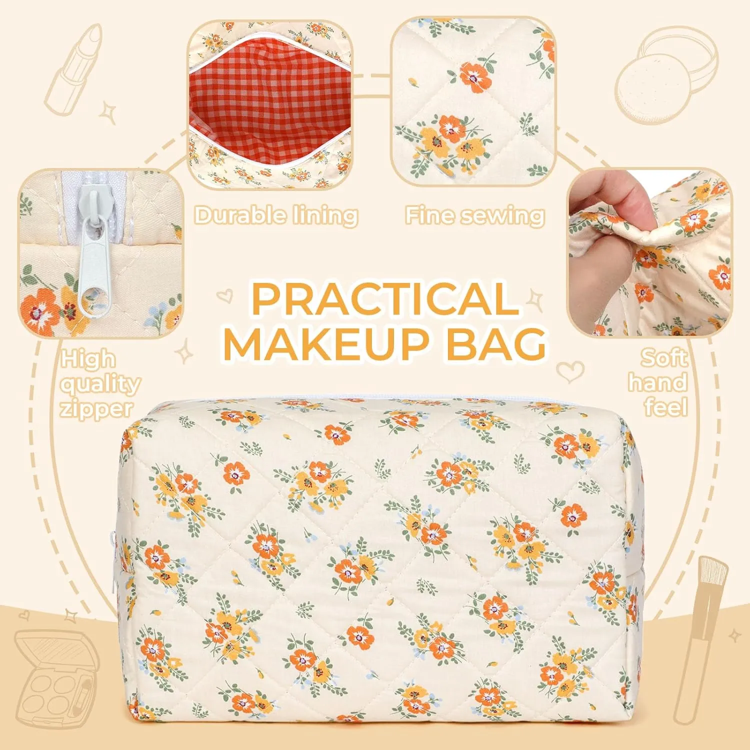 Quilted Makeup Bag Set,Large Floral Cosmetic Pouch For Women,Cute Cotton Brushes Storage Travel Toiletry Organizer Bags(Orange Floral)