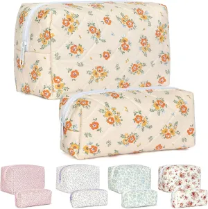 Quilted Makeup Bag Set,Large Floral Cosmetic Pouch For Women,Cute Cotton Brushes Storage Travel Toiletry Organizer Bags(Orange Floral)