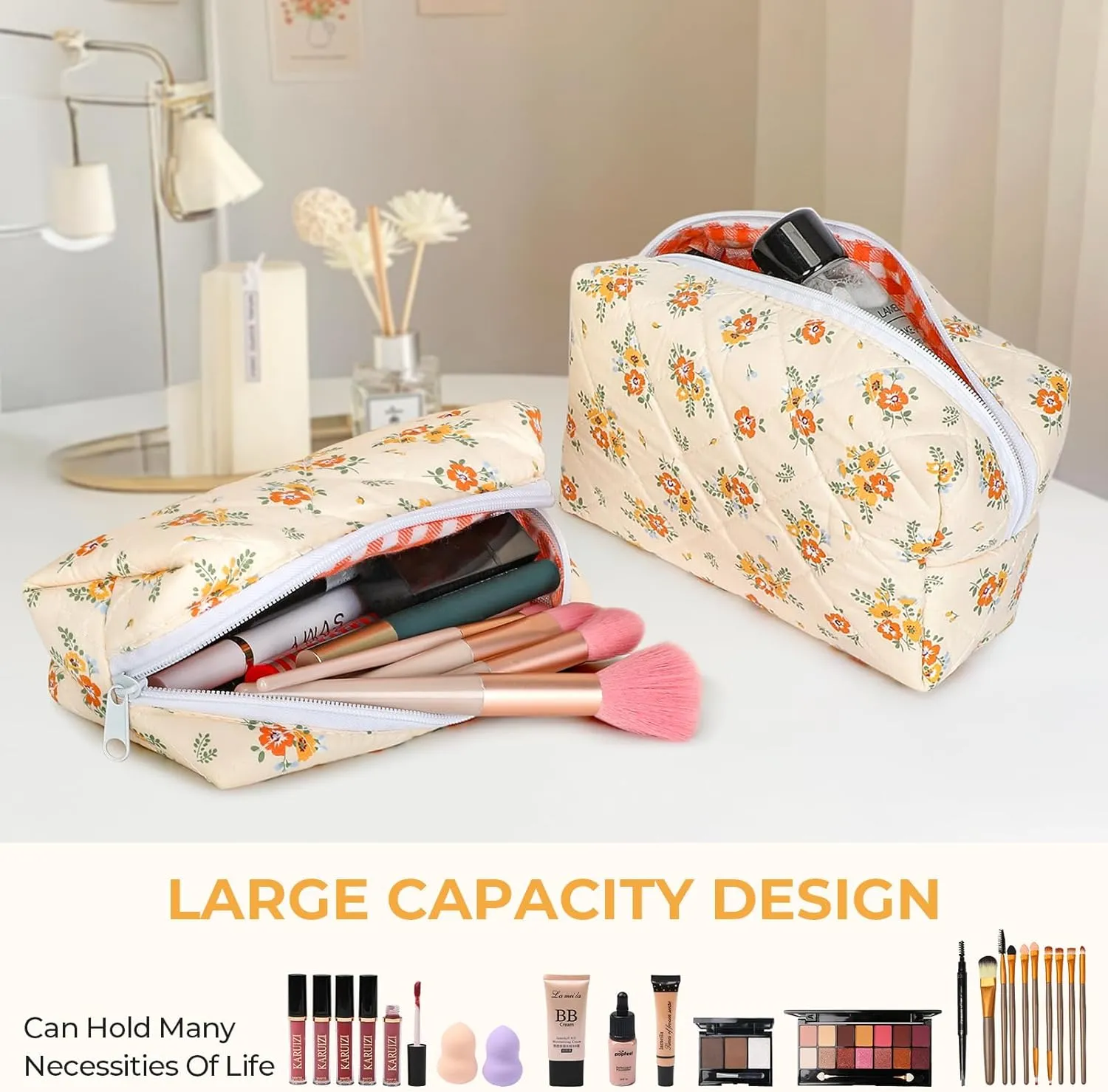 Quilted Makeup Bag Set,Large Floral Cosmetic Pouch For Women,Cute Cotton Brushes Storage Travel Toiletry Organizer Bags(Orange Floral)