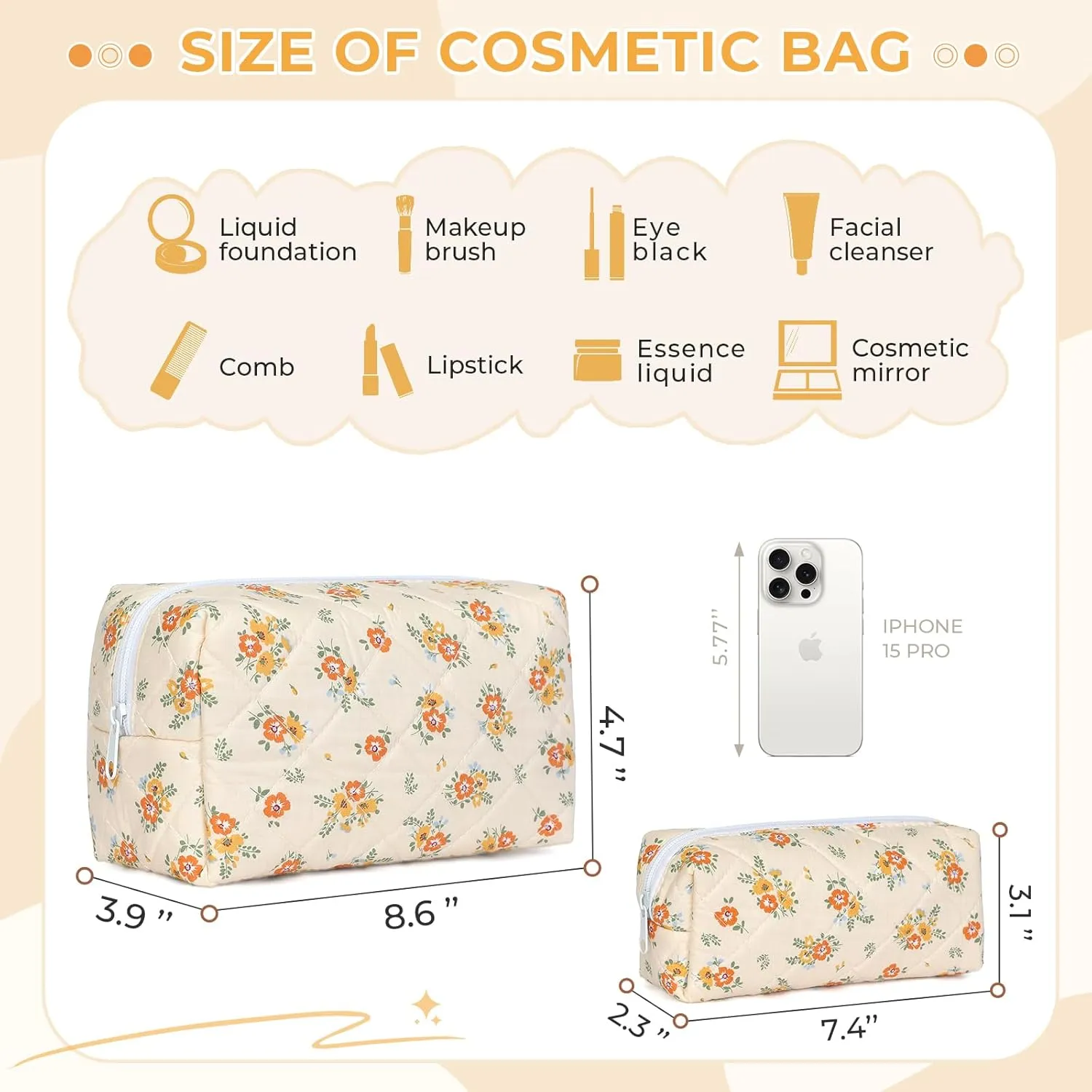 Quilted Makeup Bag Set,Large Floral Cosmetic Pouch For Women,Cute Cotton Brushes Storage Travel Toiletry Organizer Bags(Orange Floral)