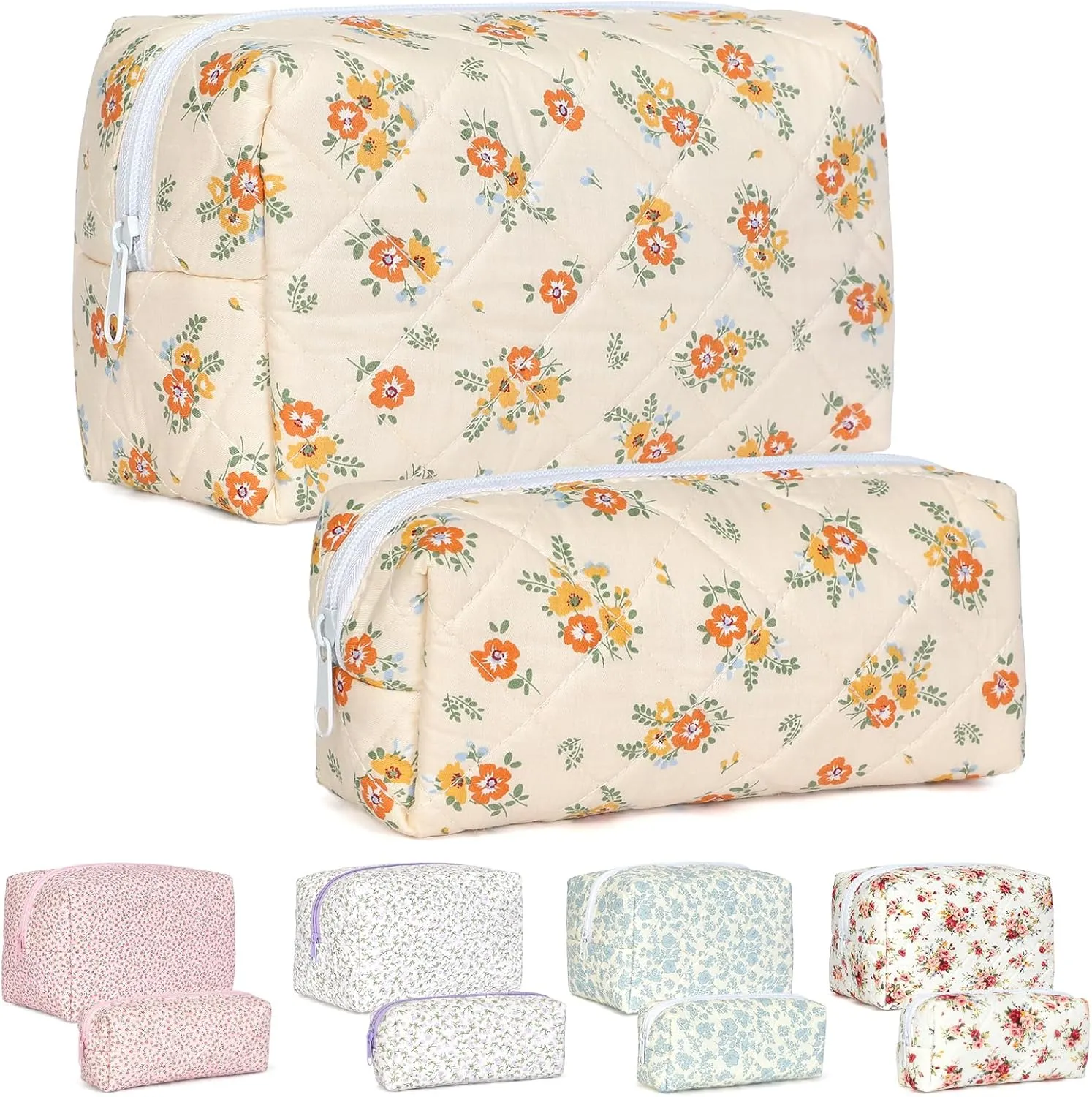 Quilted Makeup Bag Set,Large Floral Cosmetic Pouch For Women,Cute Cotton Brushes Storage Travel Toiletry Organizer Bags(Orange Floral)