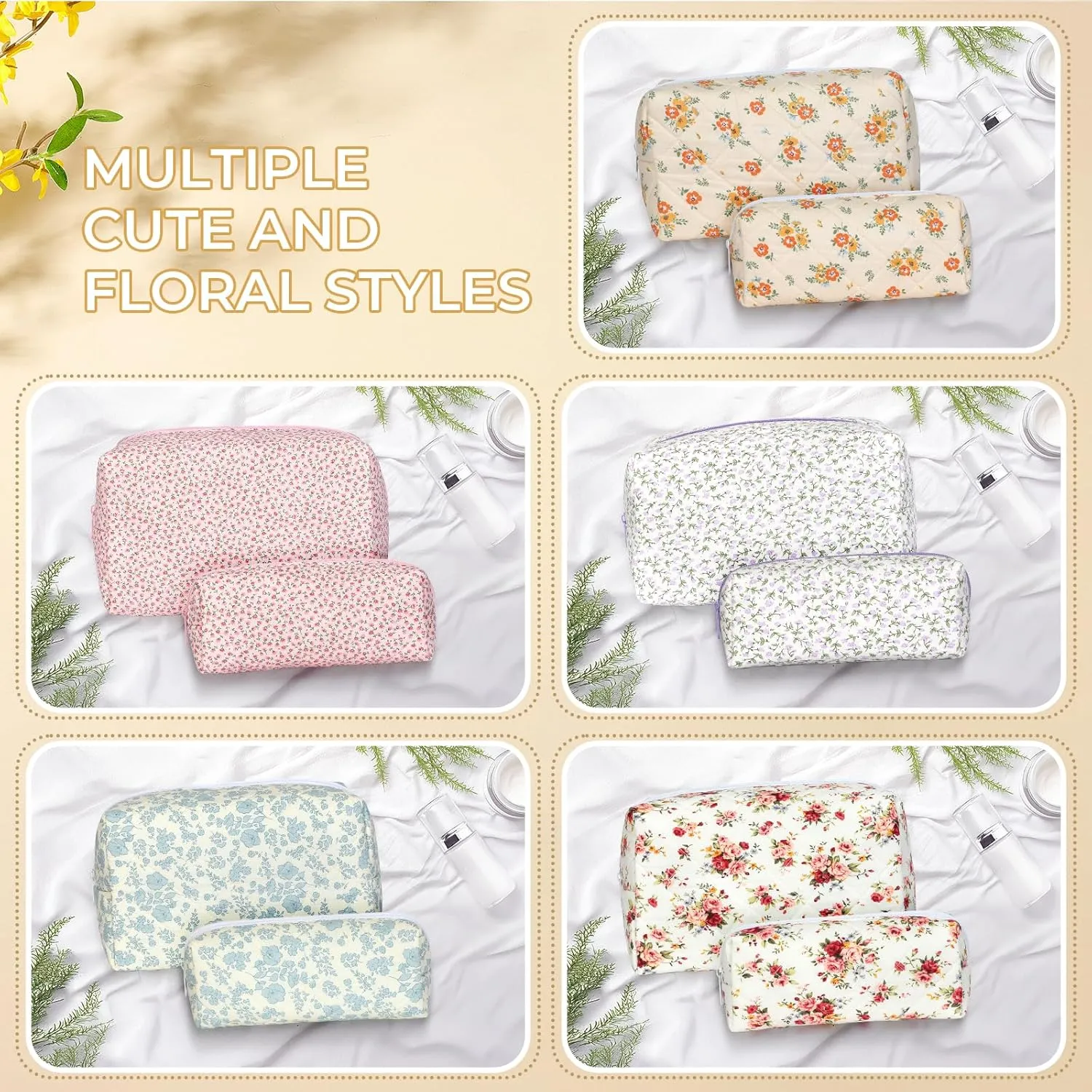 Quilted Makeup Bag Set,Large Floral Cosmetic Pouch For Women,Cute Cotton Brushes Storage Travel Toiletry Organizer Bags(Orange Floral)