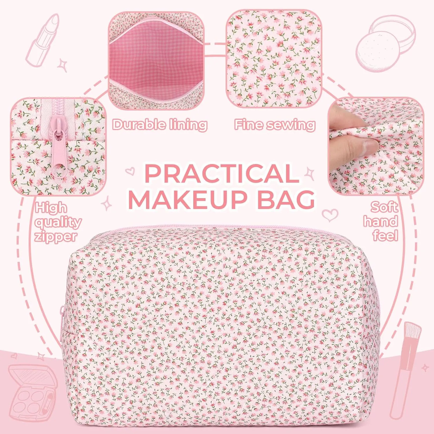 Quilted Makeup Bag Set,Large Quilted Floral Cosmetic Bag For Women,Cute Cotton Makeup Brushes Storage Bags Flower Travel Toiletry Organizer Bag(Pink Floral)