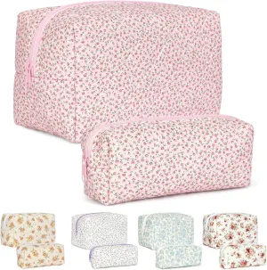 Quilted Makeup Bag Set,Large Quilted Floral Cosmetic Bag For Women,Cute Cotton Makeup Brushes Storage Bags Flower Travel Toiletry Organizer Bag(Pink Floral)