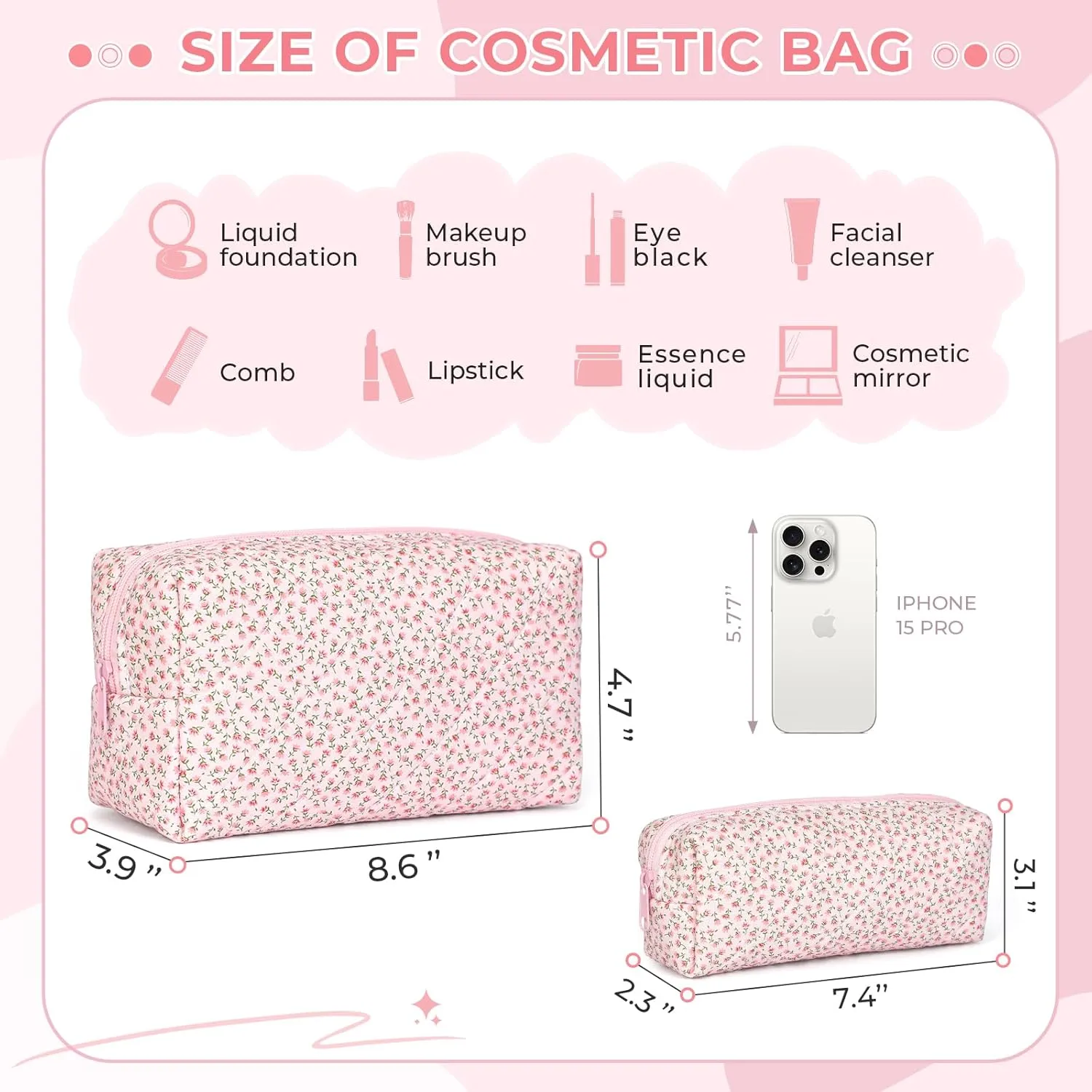 Quilted Makeup Bag Set,Large Quilted Floral Cosmetic Bag For Women,Cute Cotton Makeup Brushes Storage Bags Flower Travel Toiletry Organizer Bag(Pink Floral)