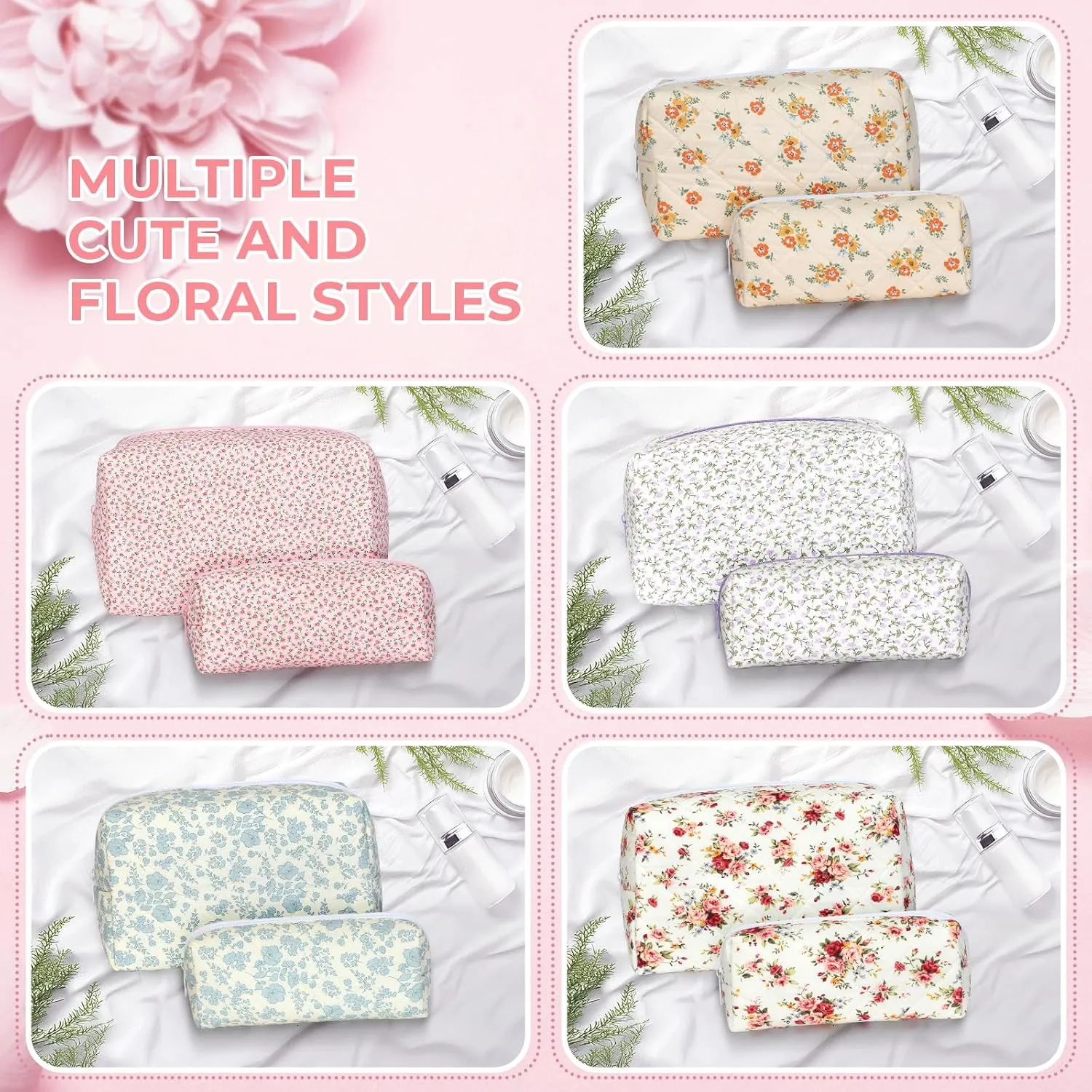 Quilted Makeup Bag Set,Large Quilted Floral Cosmetic Bag For Women,Cute Cotton Makeup Brushes Storage Bags Flower Travel Toiletry Organizer Bag(Pink Floral)