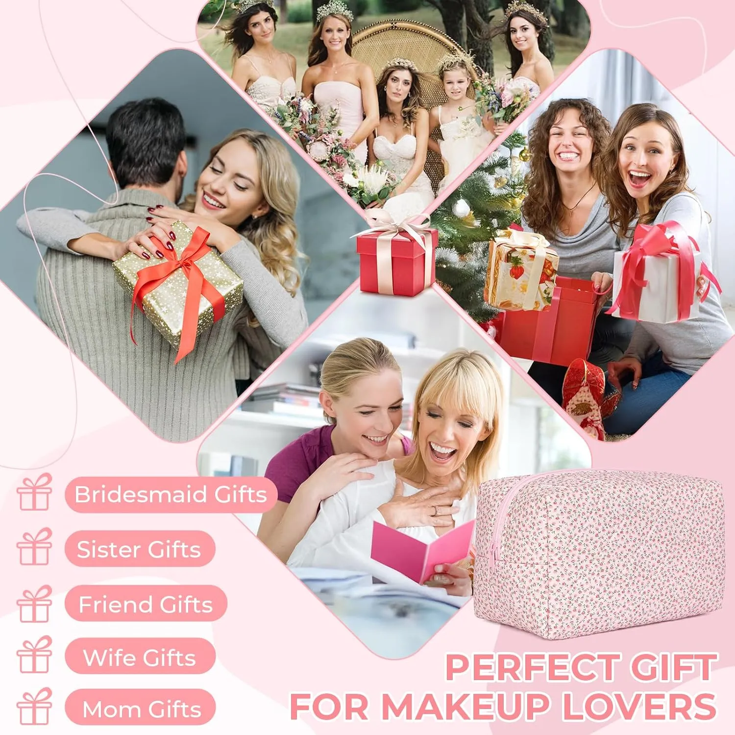 Quilted Makeup Bag Set,Large Quilted Floral Cosmetic Bag For Women,Cute Cotton Makeup Brushes Storage Bags Flower Travel Toiletry Organizer Bag(Pink Floral)