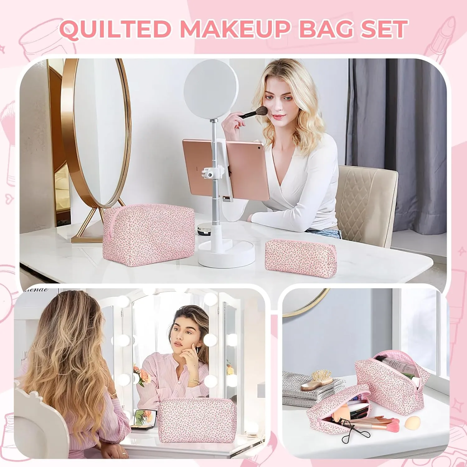 Quilted Makeup Bag Set,Large Quilted Floral Cosmetic Bag For Women,Cute Cotton Makeup Brushes Storage Bags Flower Travel Toiletry Organizer Bag(Pink Floral)